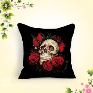 Chic Skull and Red Roses Printing Black Cotton & Linen Throw Pillow