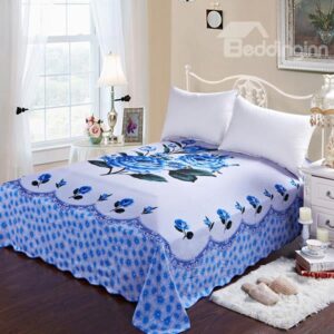 Elegant Blue Roses Printing Soft Cotton Sheet