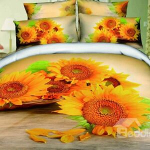 Vivid Bright 3D Sunflowers Printing Cotton 4-Piece Duvet Cover Sets