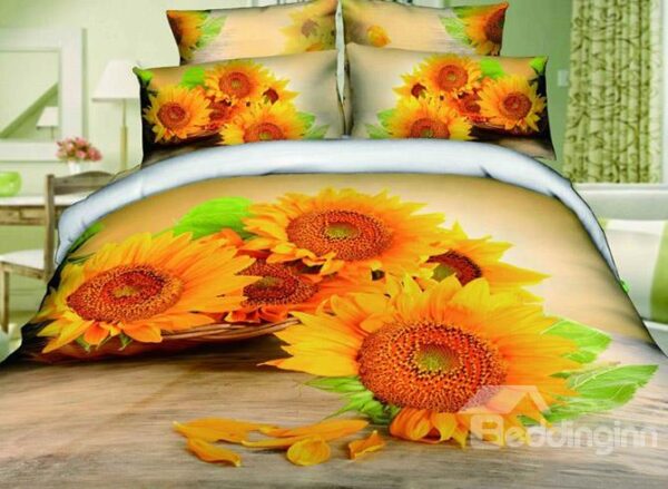 Vivid Bright 3D Sunflowers Printing Cotton 4-Piece Duvet Cover Sets