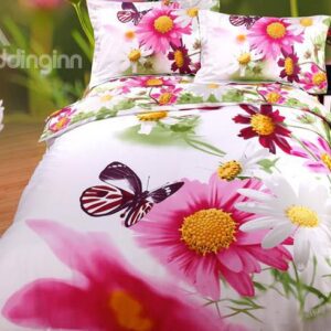 Colorful Fresh Daisy Butterflies Printing Cotton 4-Piece Duvet Cover Sets