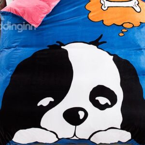 Blue Dog Thinking about Bones Print Kids 4-Piece Duvet Cover Set
