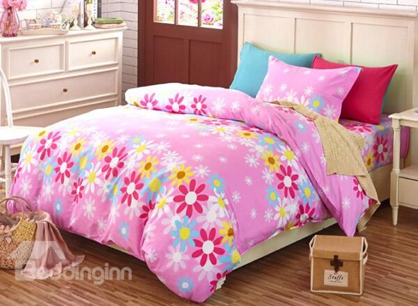 Lovely Pink Flowers Pattern Kids 4-Piece Duvet Cover Set