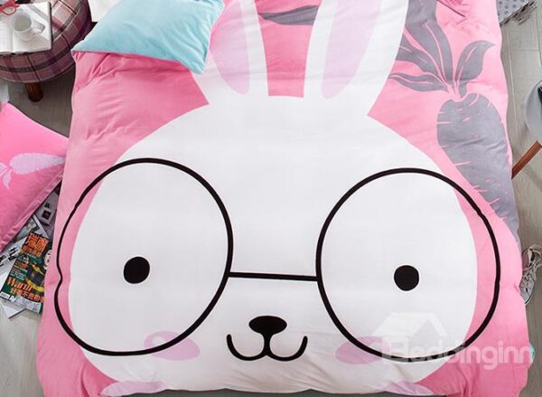 Super Lovely Pink Rabbit with Glasses Print Kids 4-Piece Duvet Cover Set