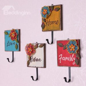Pastoral Decorative Flowers and Letters Wood 4-Hook Wall Hooks