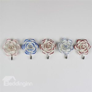 Wonderful 3D Ceramic Flowers Design Decorative 5-Hook Wall Hooks
