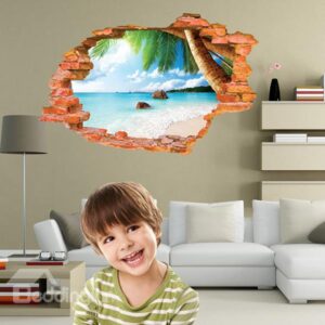 Creative Wall Hole View Beach and The Sea Removable 3D Wall Stickers