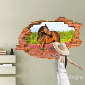 Amazing Wall Hole View Horse in Field Removable 3D Wall Stickers