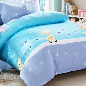Fresh Blue Lovely Deers Print 3-Piece Kids Cotton Duvet Cover Sets