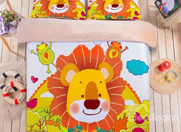 Bouncy Lion and Frogs Print Flannel 4-Piece Kids Duvet Cover Sets