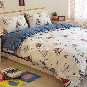 Lovely Sailing Ships Pattern Cotton 3-Piece Kids Duvet Cover Sets