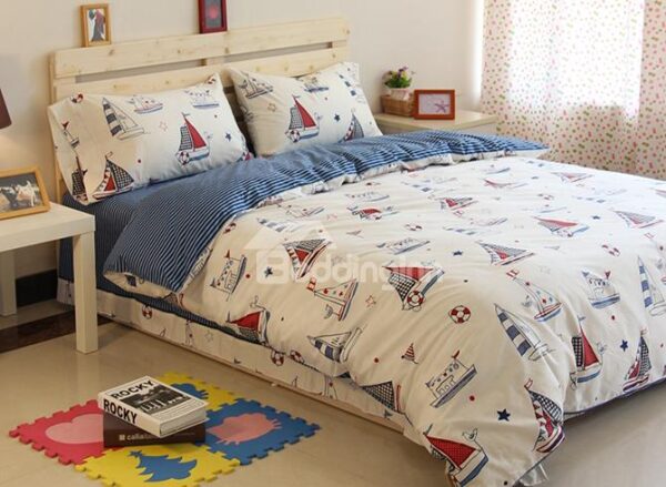 Lovely Sailing Ships Pattern Cotton 3-Piece Kids Duvet Cover Sets