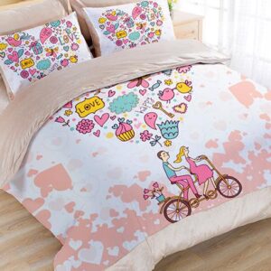 Romantic Lovers on A Bike Print Flannel 4-Piece Kids Duvet Cover Sets