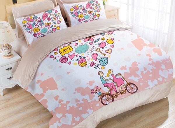 Romantic Lovers on A Bike Print Flannel 4-Piece Kids Duvet Cover Sets
