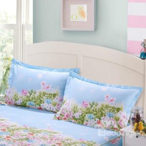 Pastoral Flowers and Grass Print Blue 2-Piece Cotton Pillow Cases