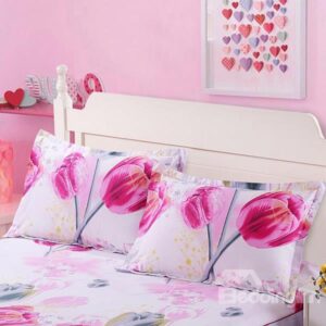 Bright Pink Tulips Print Cotton 2-Piece Pillow Cases