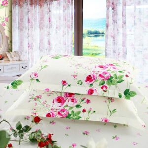 Fresh Small Rosy Flowers with Green Leaves Print Cotton 2-Piece Pillow Cases