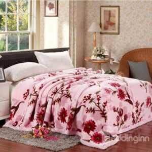 Pretty Floral Printing Sweet Pink Raschel Blanket