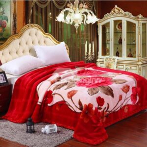 Bright Red Peonies Printing Super Warm Raschel Blanket