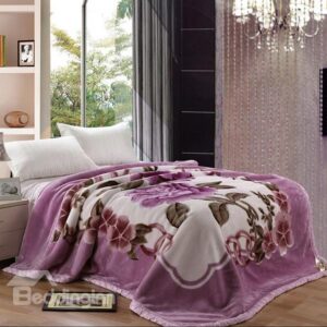 Luxury Purple Peonies Printing Super Warm Raschel Blanket