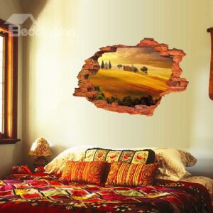 Unique Wall Hole View Village and Desert Removable 3D Wall Sticker
