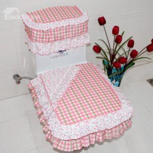 Classical Lattice Pattern Pink Cloth 3 Pieces Toilet Seat Cover Set