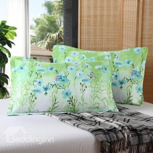 Fresh Butterflies Blue Flowers and Green Leaves Print 2-Piece Cotton Pillow Cases