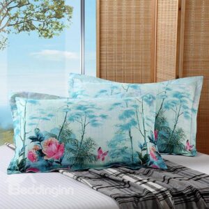 Graceful Flowers and Butterflies Print Cotton 2-Piece Blue Pillow Cases