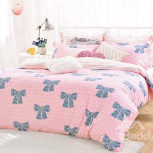 Lovely Blue Bowknot Pattern Cotton Kids 4-Piece Duvet Cover Sets