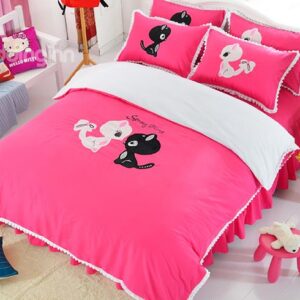 Pink Cute Two Cats Print Cotton Girls 3-Piece Duvet Cover Sets