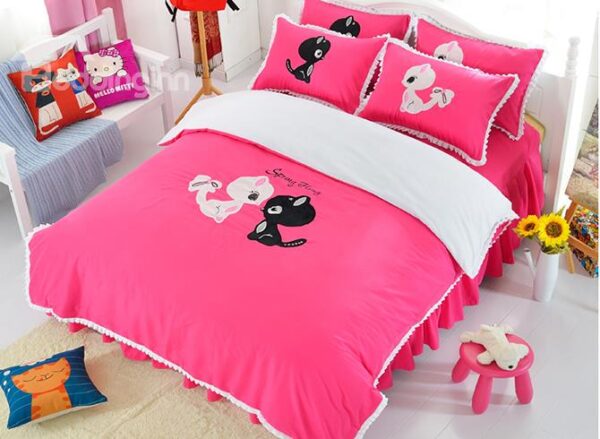 Pink Cute Two Cats Print Cotton Girls 3-Piece Duvet Cover Sets