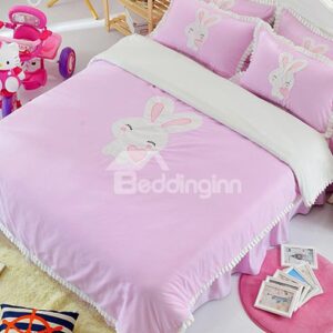 Light Pink Cute Rabbit Print Cotton Girls 3-Piece Duvet Cover Sets