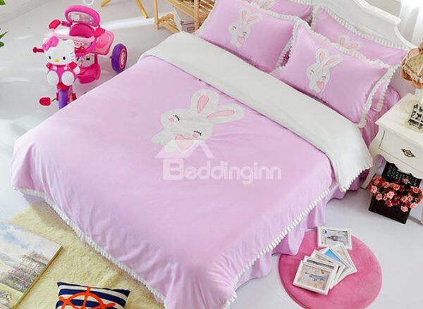 Light Pink Cute Rabbit Print Cotton Girls 3-Piece Duvet Cover Sets