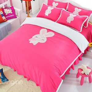 Cute Rabbit Print Rose Red Girls 3-Piece Duvet Cover Sets