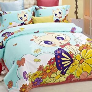 Lovely Cat and Flowers Print Kids 3-Piece Duvet Cover Sets