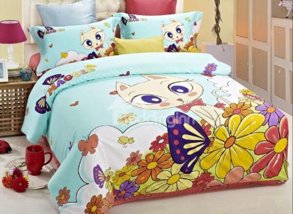 Lovely Cat and Flowers Print Kids 3-Piece Duvet Cover Sets