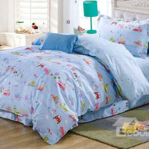 Way to School Buses and Cars Pattern Kids 100% Cotton 3-Piece Duvet Cover Sets
