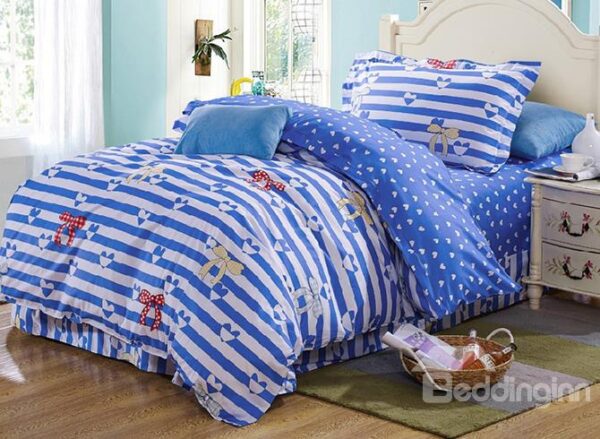 Stripes and Bowknot Pattern Kids 100% Cotton 3-Piece Duvet Cover Sets
