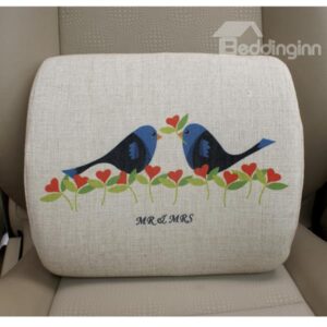 Concise and Creative Linen Material Floral Birds Lumbar Support Car Pillow