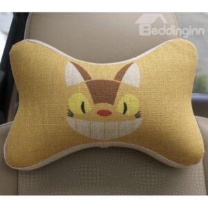 Concise and Creative Linen Material Giggling Kitten Car Neckrest Pillow