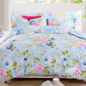 Elegant Pastoral Blue and Pink Peonies Print Cotton 4-Piece Duvet Cover Sets