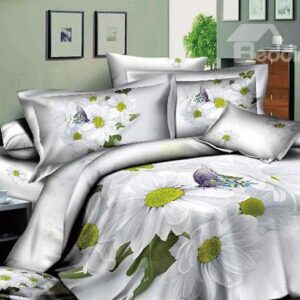 Butterfly on White Daisy Print Cotton 4-Piece Duvet Cover Sets