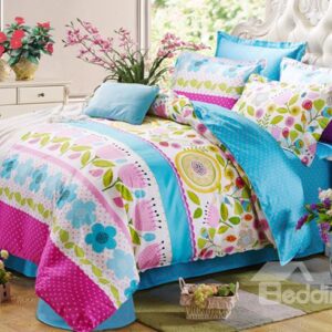 Adorable Floral Pattern 100% Cotton Kids 4-Piece Duvet Cover Sets