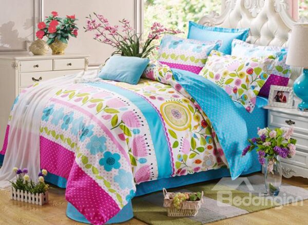 Adorable Floral Pattern 100% Cotton Kids 4-Piece Duvet Cover Sets