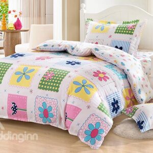 Cute Flower and Plaid Pattern Purified Cotton Kids 3-Piece Duvet Cover Sets