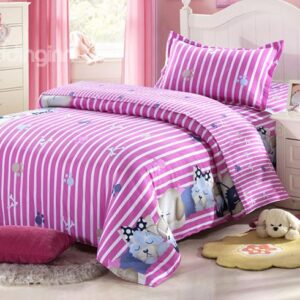 Pink Stripes Pattern and Dogs Print Kids Cotton 3-Piece Duvet Cover Sets