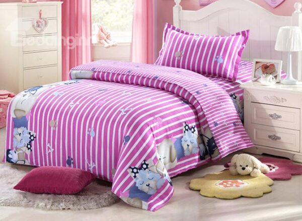 Pink Stripes Pattern and Dogs Print Kids Cotton 3-Piece Duvet Cover Sets