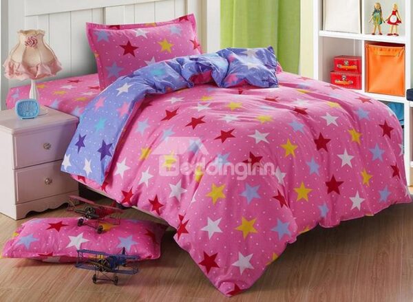 Lively Pink Stars Pattern Cotton Kids 3-Piece Duvet Cover Sets