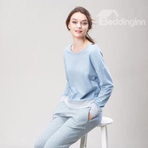 Modern Leisure Style Blue Top and Gray Bottom Pajamas Set