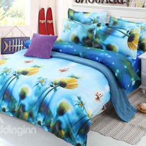 Fresh Yellow Small Flowers Print Blue 4-Piece Duvet Cover Sets